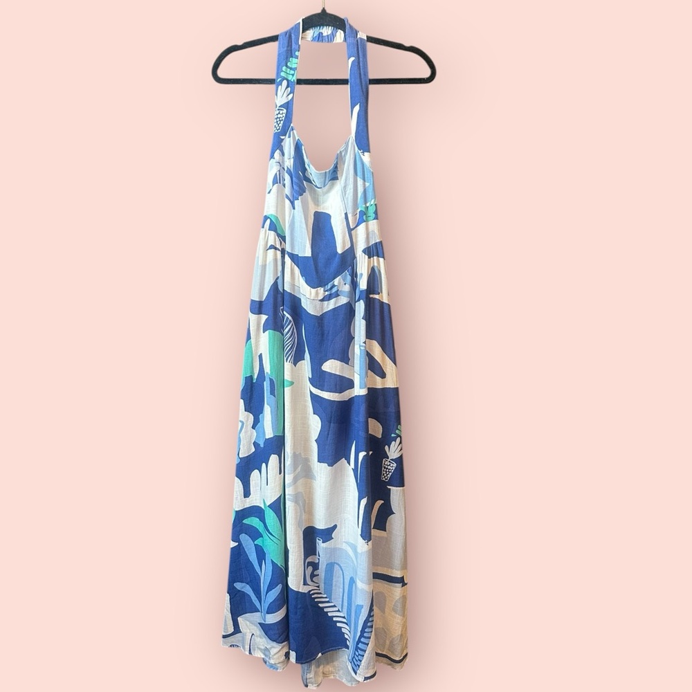 White Closet Elements Linen Blend Halter Maxi Dress – Blue Abstract Print (S)